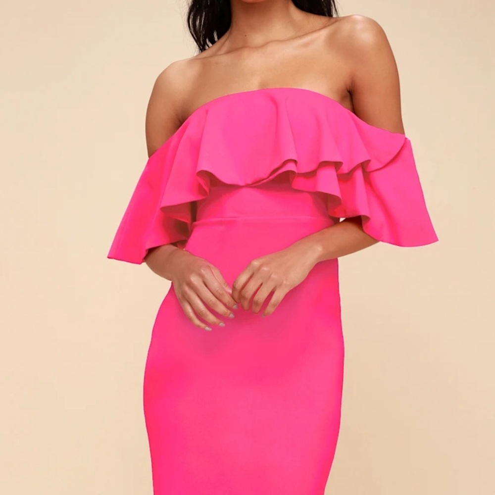 Hot Pink Off-the-Shoulder Bodycon Midi Dress